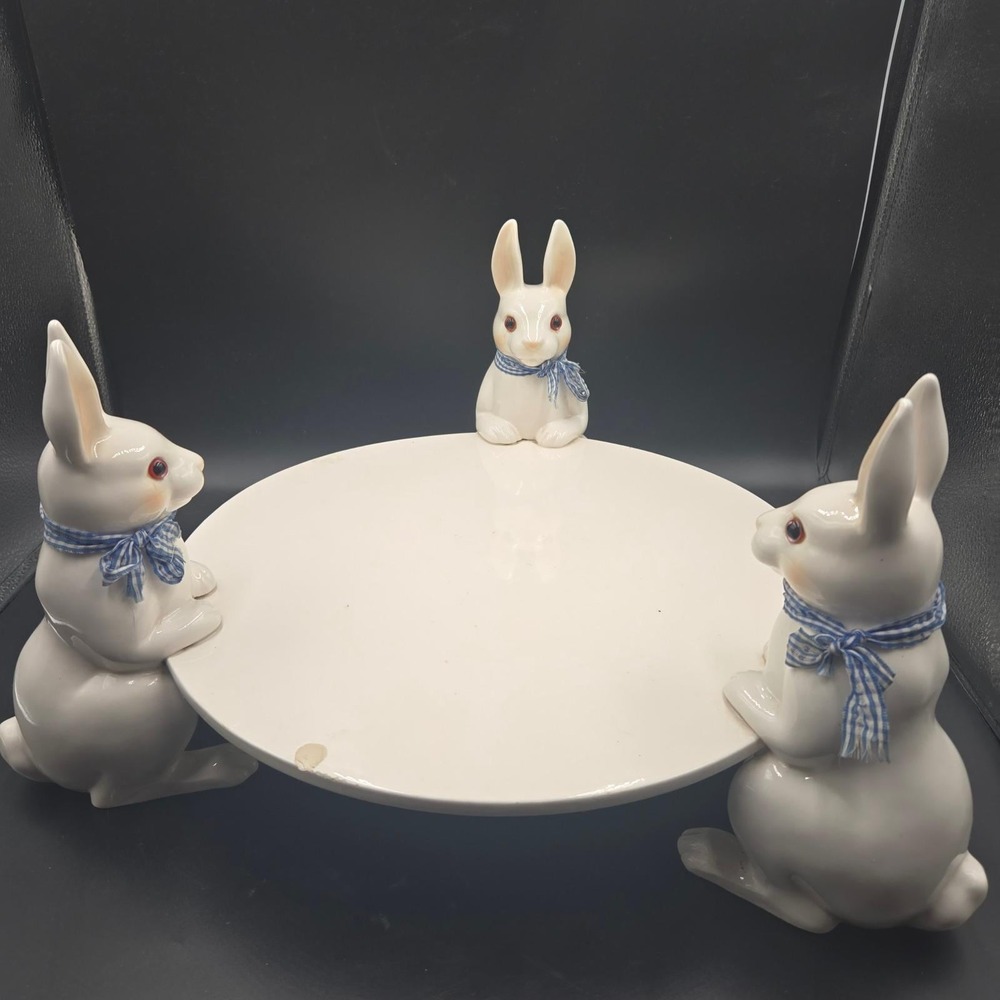 Sigma Tastesetter 17" White Rabbit Serving Platter Stand VTG 80s Cottagecore